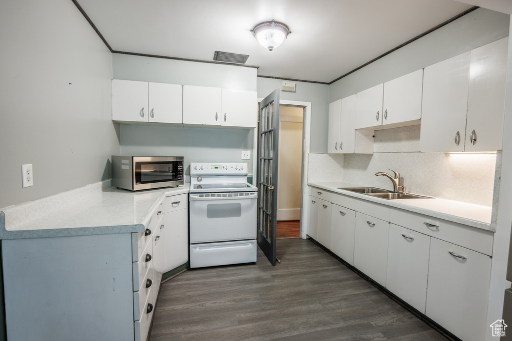 Kitchen featuring stainless steel microwave, white electric stove, a sink, and light countertops