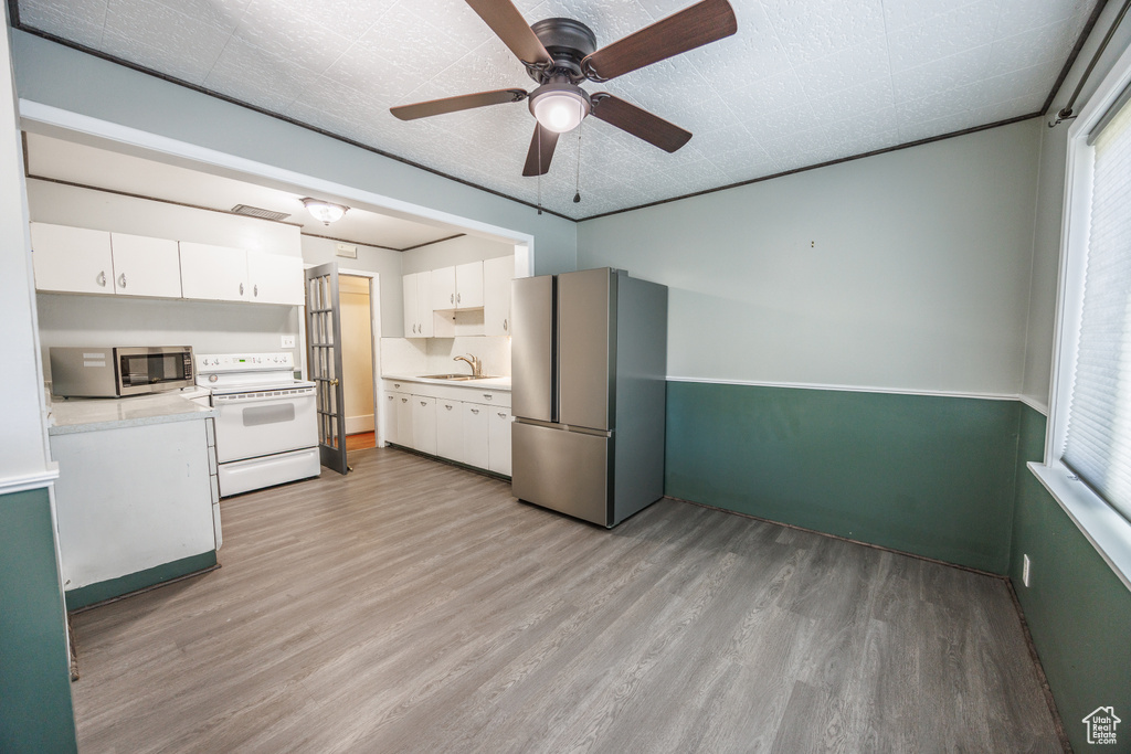 Kitchen featuring appliances with stainless steel finishes, a sink, light wood-type flooring, and plenty of natural light