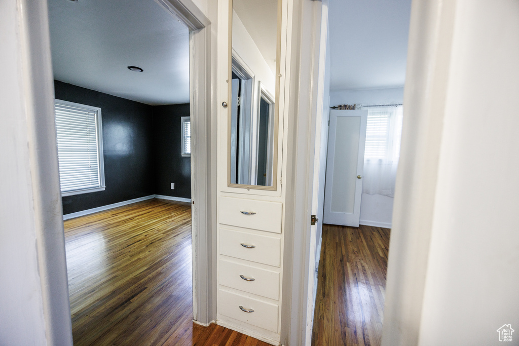 Hallway with wood finished floors, healthy amount of natural light, and baseboards