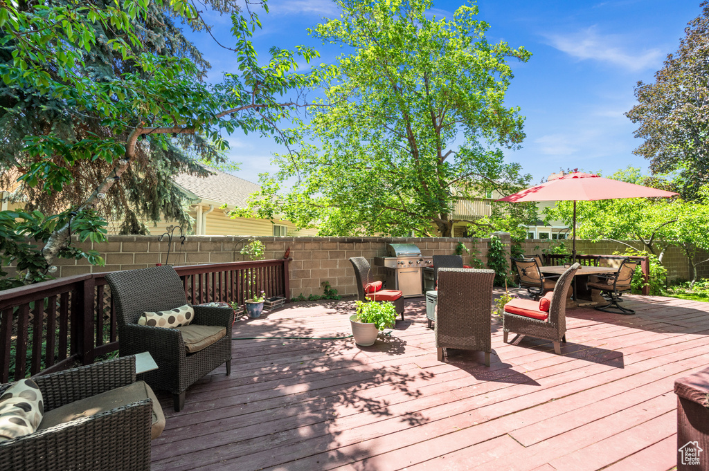 Deck with a fenced backyard and outdoor dining space