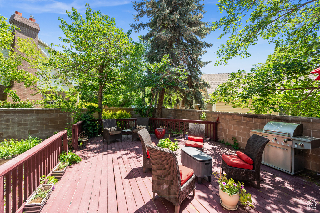 Deck with outdoor lounge area, a fenced backyard, and grilling area
