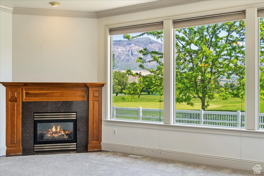 Unfurnished living room with crown molding, a premium fireplace, carpet, and a mountain view