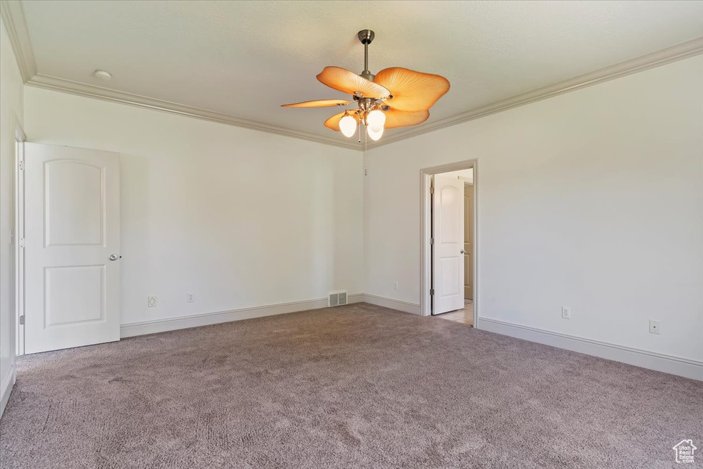 Carpeted spare room featuring ornamental molding, baseboards, and ceiling fan