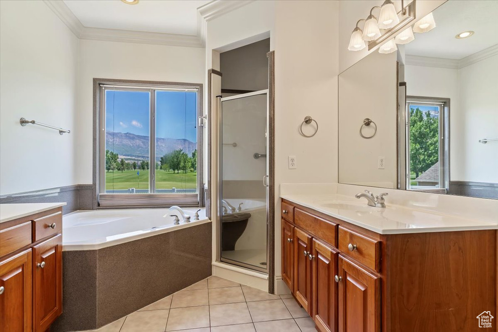 Bathroom featuring vanity, ornamental molding, tile patterned flooring, and a stall shower