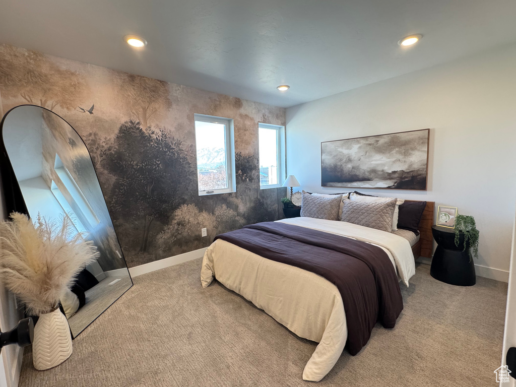 Bedroom featuring carpet, baseboards, and recessed lighting