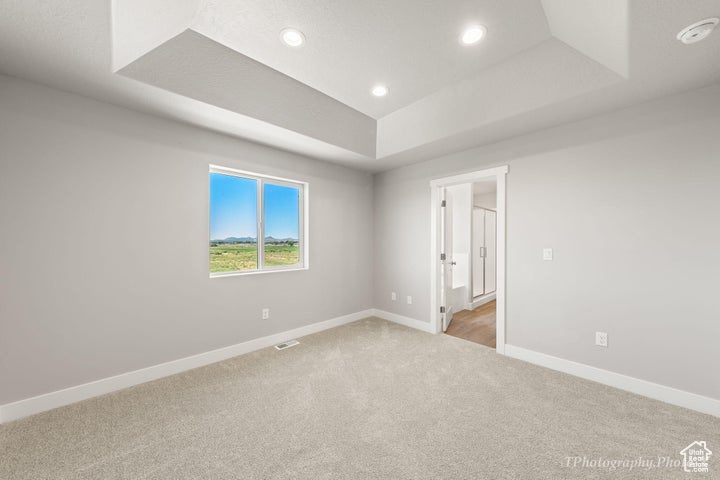 Spare room with a tray ceiling, light colored carpet, baseboards, recessed lighting, and a smoke detector