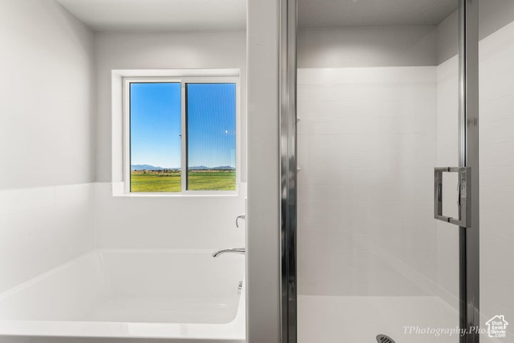 Bathroom with a garden tub and a stall shower