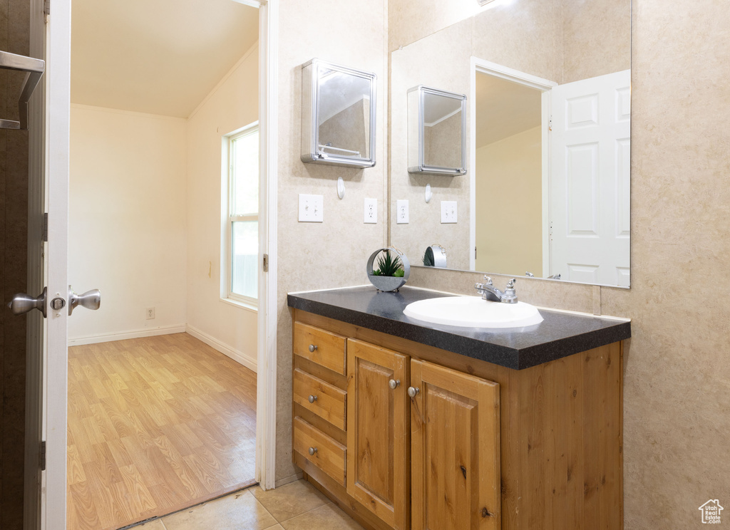 Bathroom featuring vanity and wood finished floors