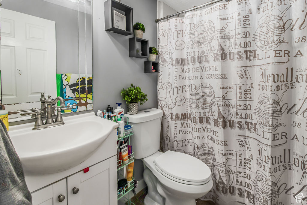 Bathroom with vanity, toilet, and a shower with curtain