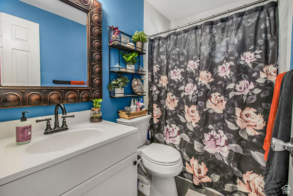 Full bathroom with toilet, vanity, and a shower with curtain