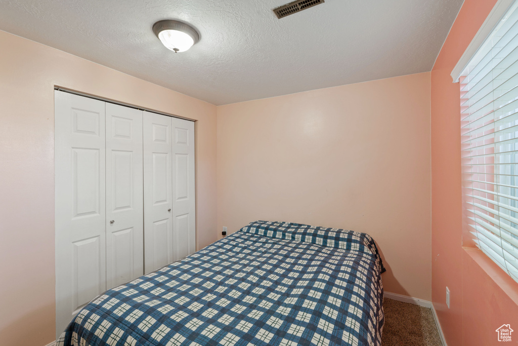 Bedroom with multiple windows, carpet flooring, a textured ceiling, a closet, and baseboards