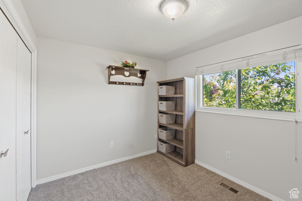 Carpeted empty room with baseboards and a textured ceiling