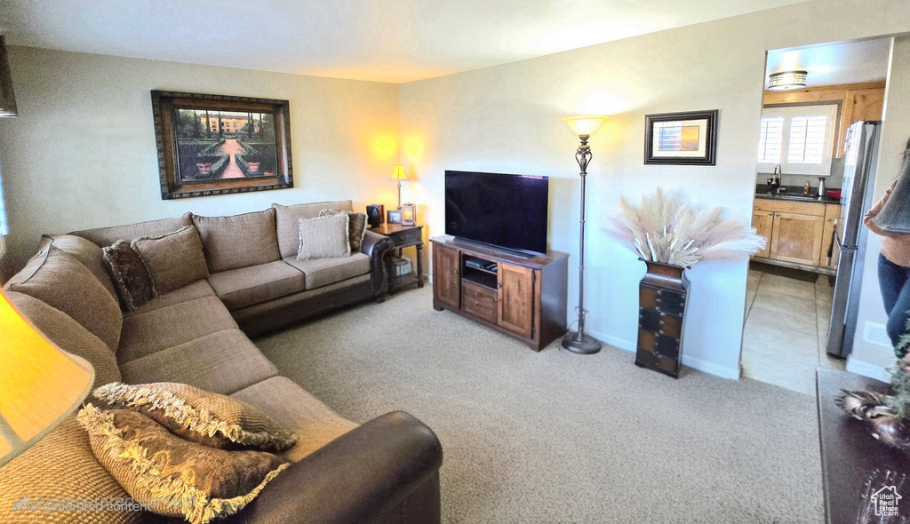 Living area featuring light colored carpet