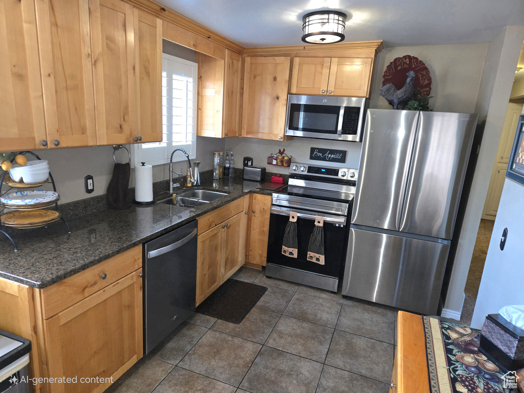 Kitchen featuring appliances with stainless steel finishes, a sink, dark tile patterned flooring, and dark stone counters