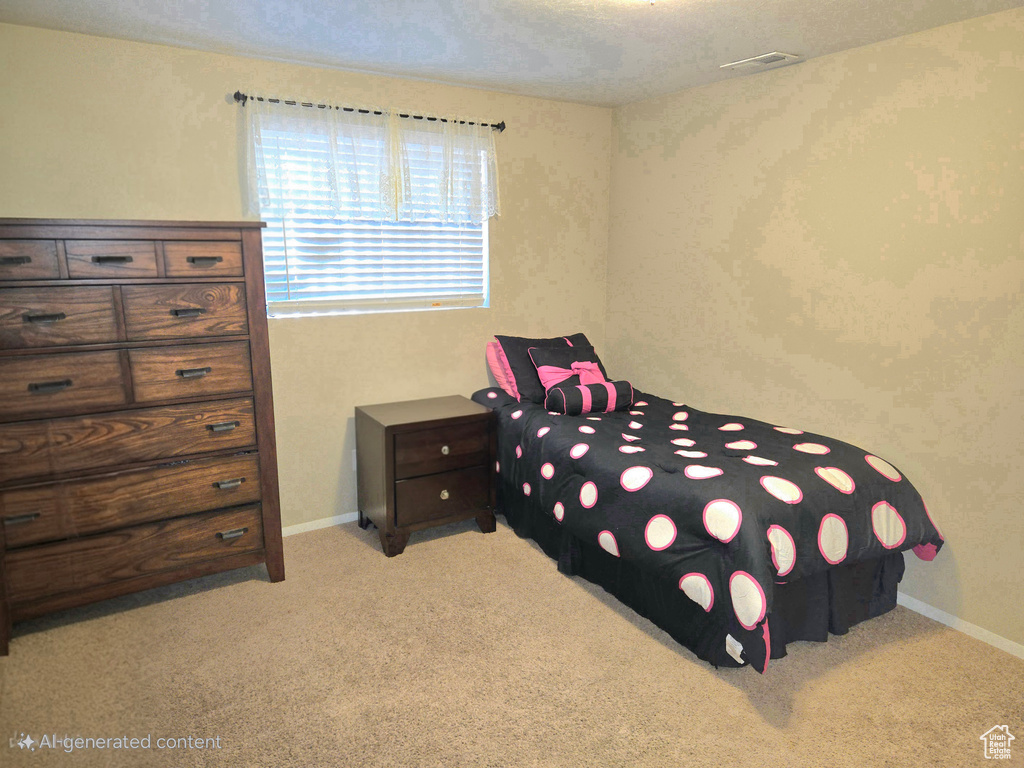 Bedroom with light carpet and baseboards