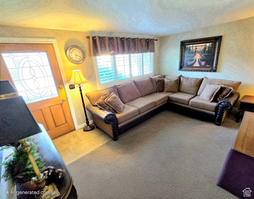 Living room featuring a textured ceiling and baseboards