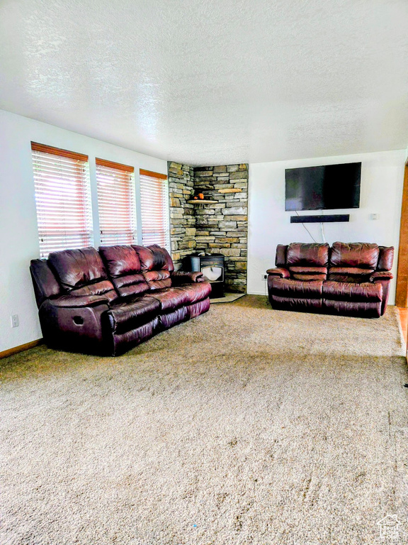 Living area featuring a textured ceiling, carpet flooring, baseboards, and a wood stove