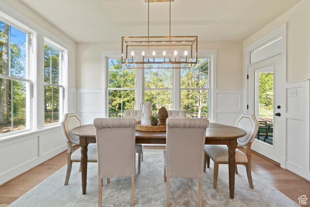Dining area featuring a decorative wall, healthy amount of natural light, a chandelier, wood finished floors, and a wainscoted wall