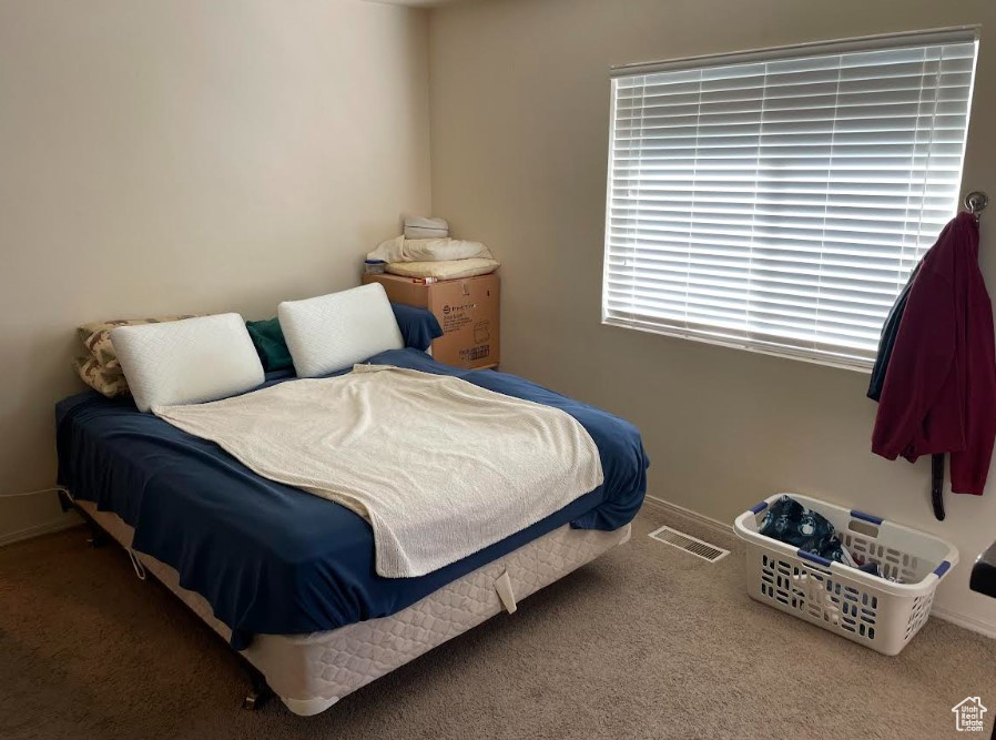 Bedroom with carpet flooring and baseboards