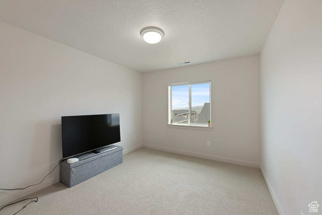 Unfurnished living room featuring carpet, baseboards, and a textured ceiling