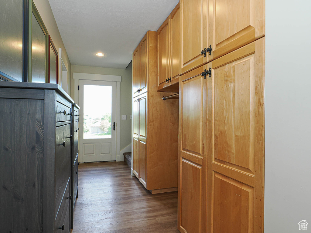 Doorway featuring dark wood finished floors, recessed lighting, and stairway