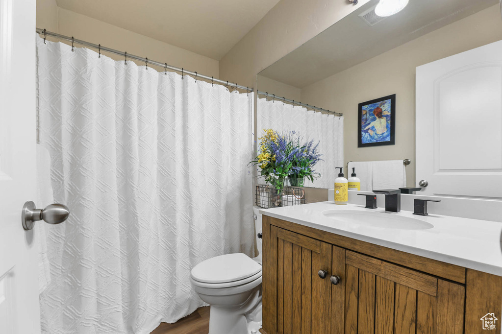 Bathroom with vanity, toilet, wood finished floors, and curtained shower