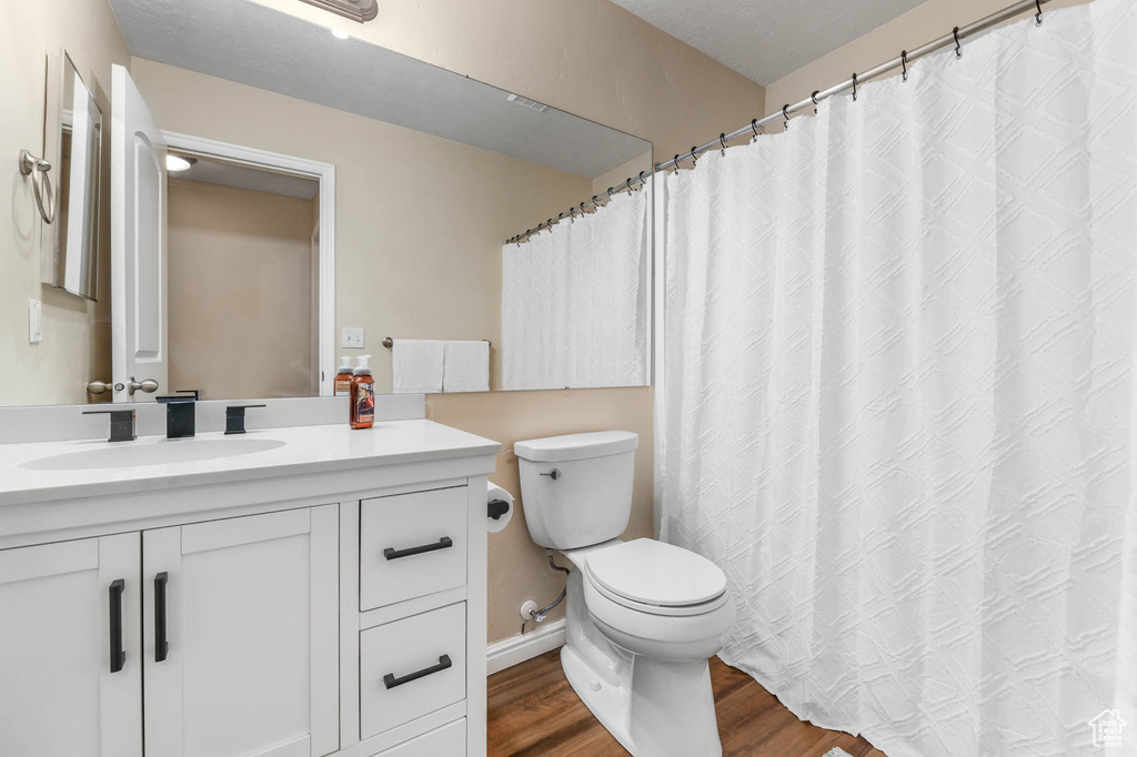 Full bathroom featuring vanity, wood finished floors, and toilet