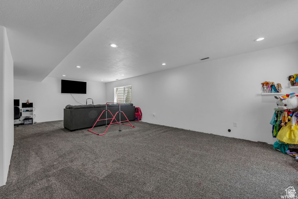 Rec room with carpet floors and recessed lighting