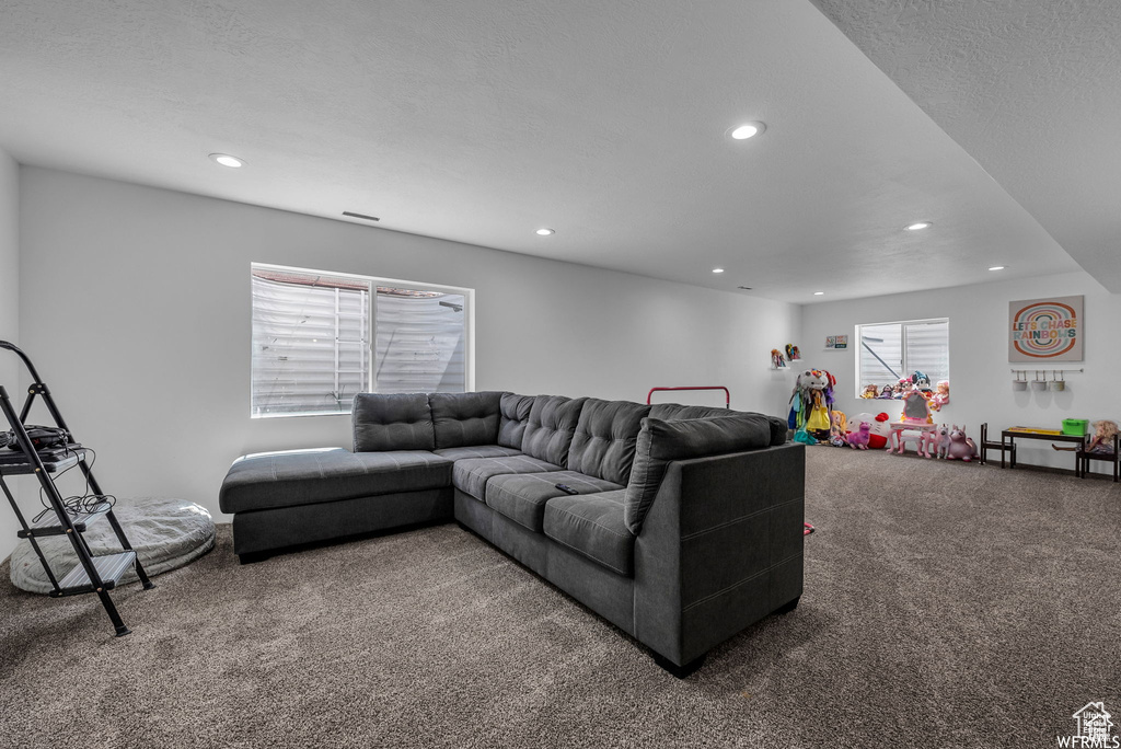 Living room featuring carpet floors and recessed lighting