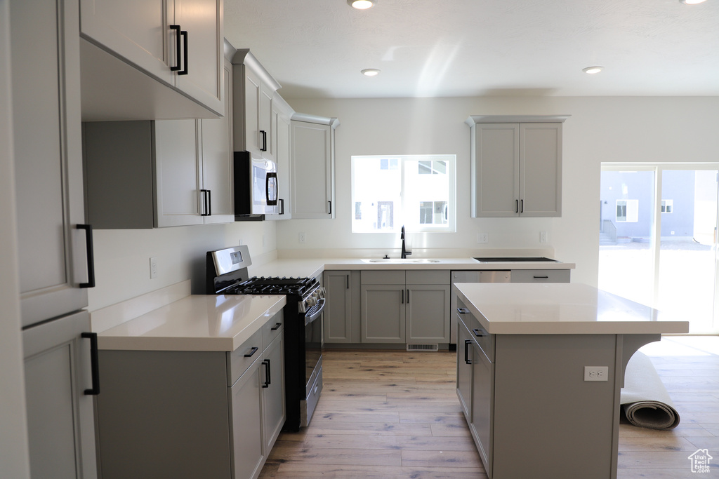 Kitchen with appliances with stainless steel finishes, a sink, light wood-style floors, gray cabinets, and recessed lighting