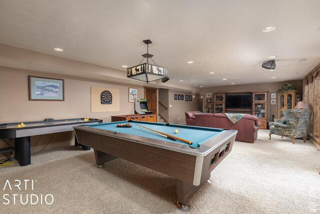 Playroom featuring carpet, pool table, and recessed lighting