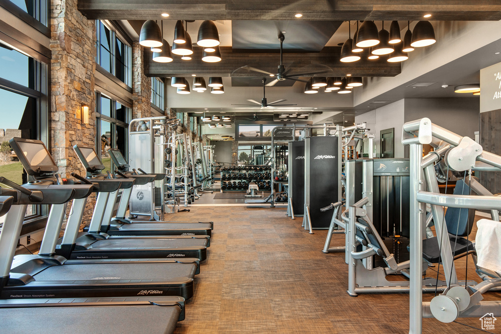 Gym featuring a ceiling fan, carpet floors, and a high ceiling