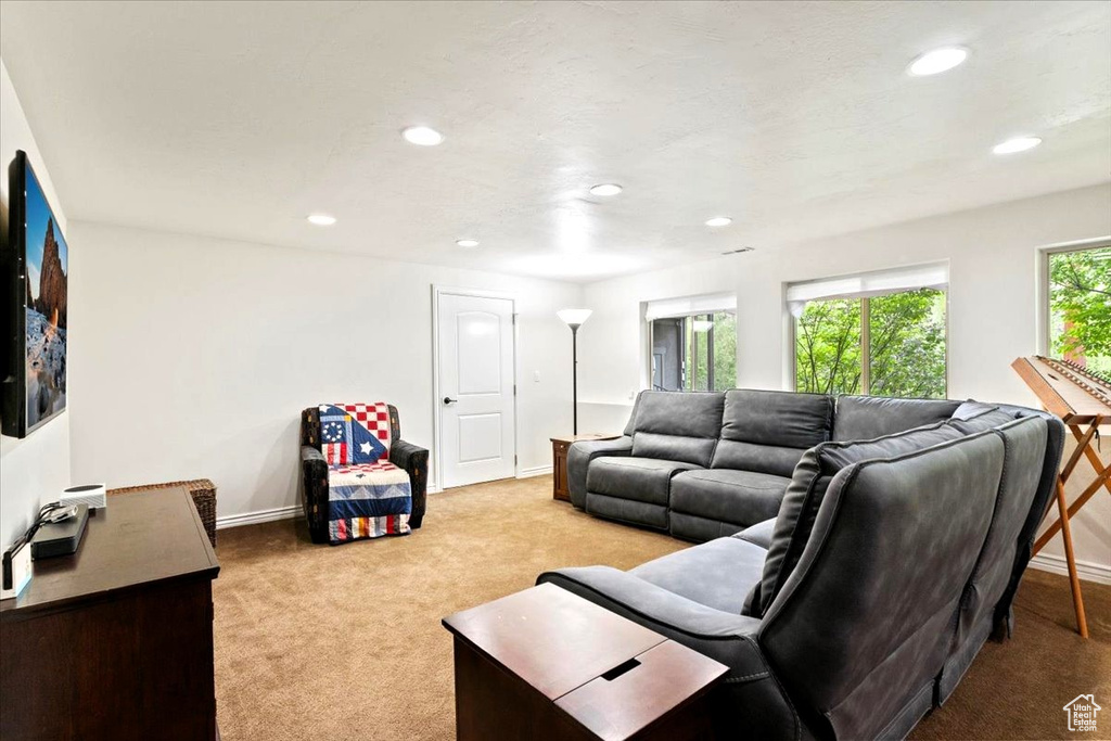 Carpeted living area with recessed lighting and baseboards