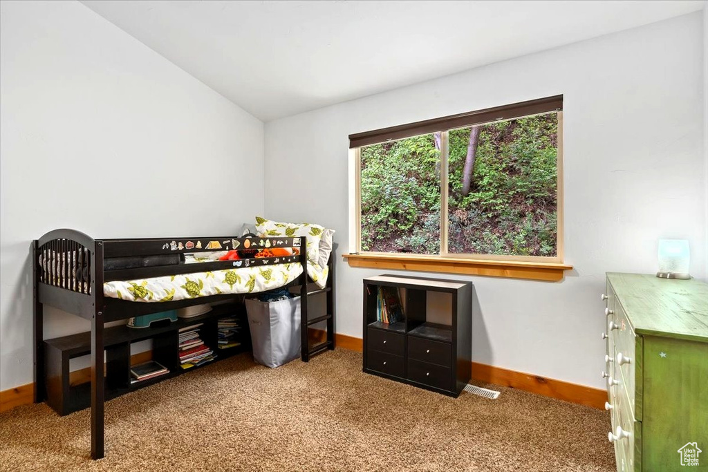 Carpeted bedroom featuring baseboards and lofted ceiling