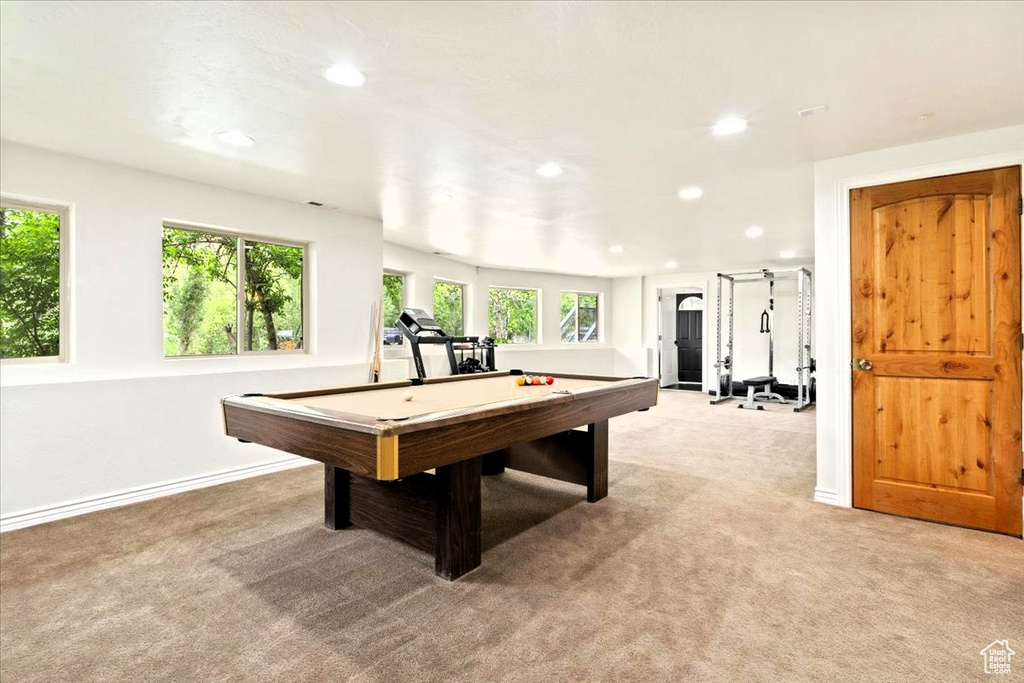 Game room featuring light colored carpet, recessed lighting, billiards, and baseboards
