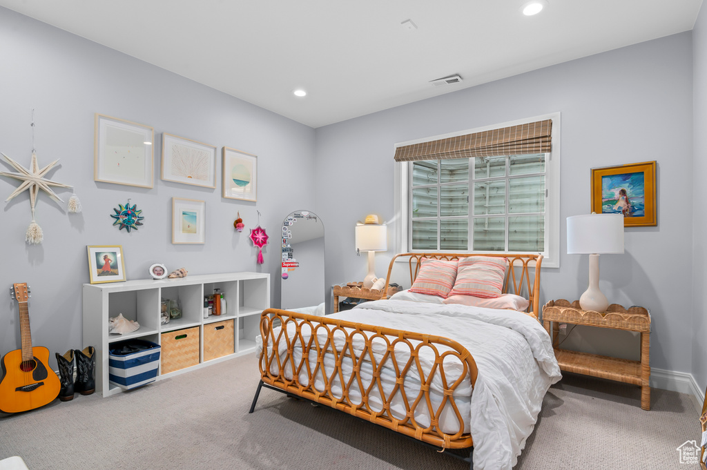 Bedroom featuring carpet floors, recessed lighting, and baseboards
