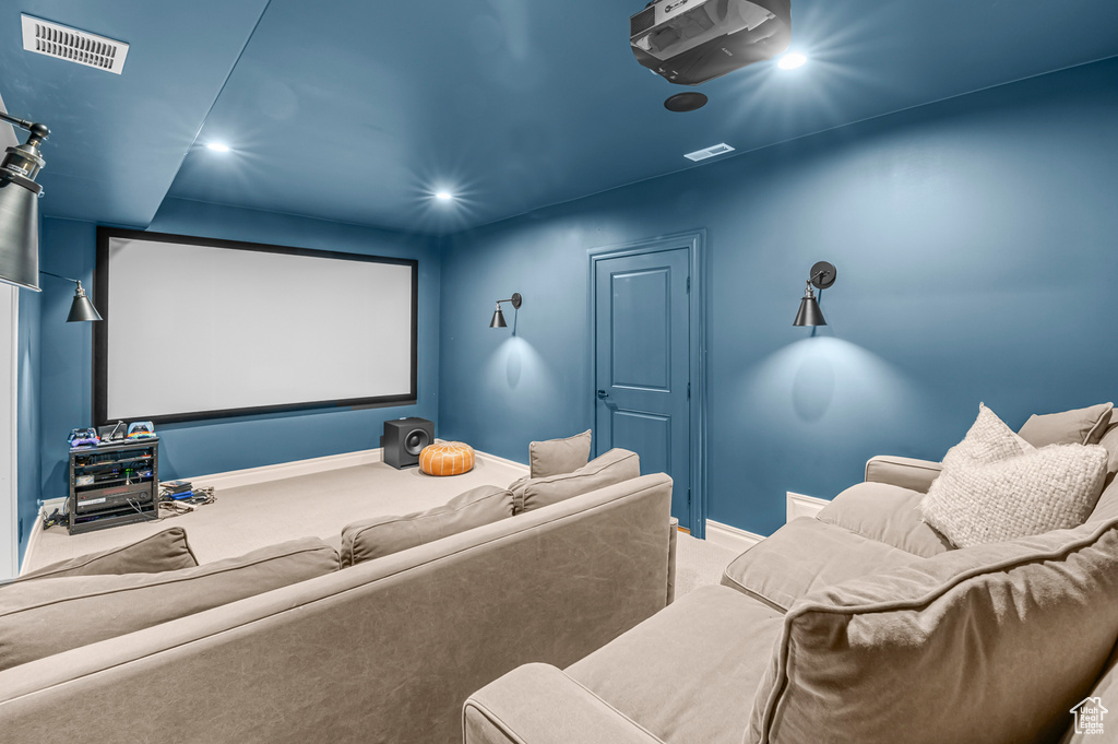 Cinema room with carpet floors, recessed lighting, and baseboards