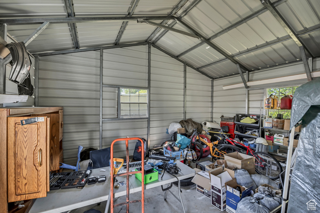 Garage featuring metal wall