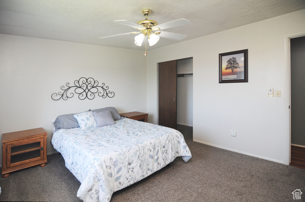 Carpeted bedroom with a closet, baseboards, and a ceiling fan