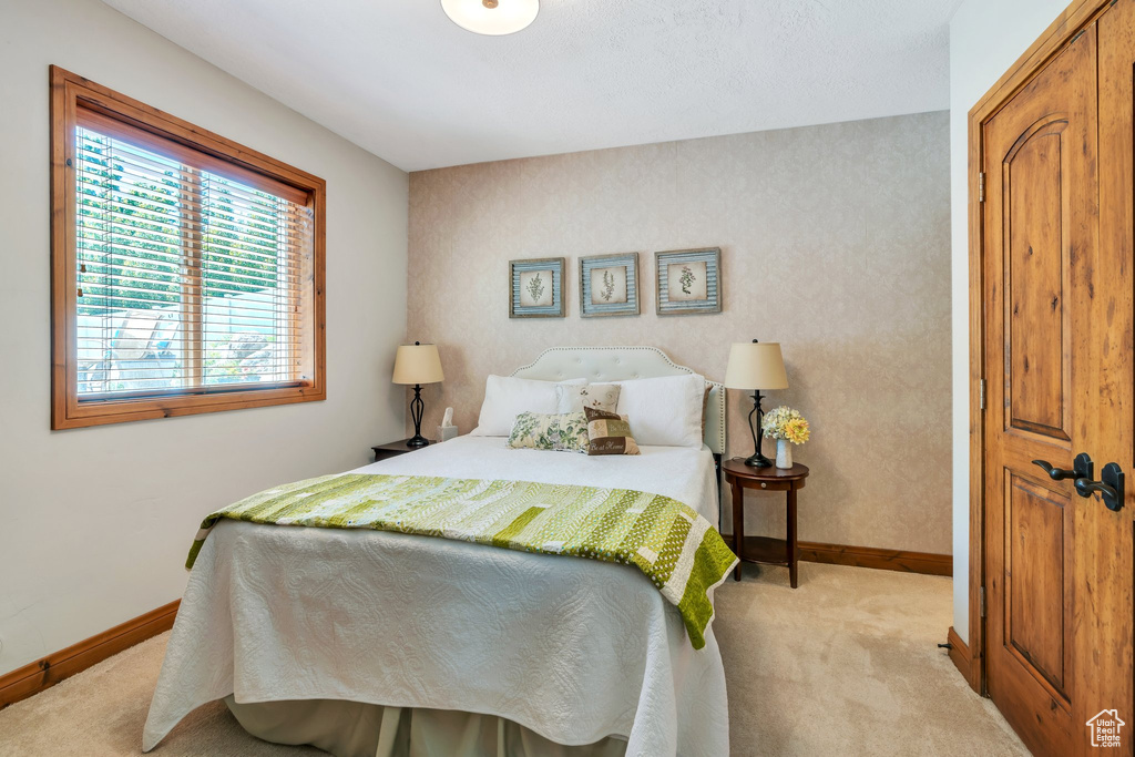 Bedroom with carpet floors and baseboards
