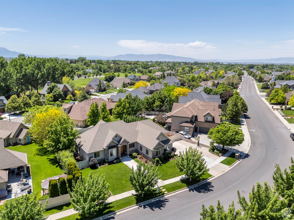 Aerial view of residential area with mountains