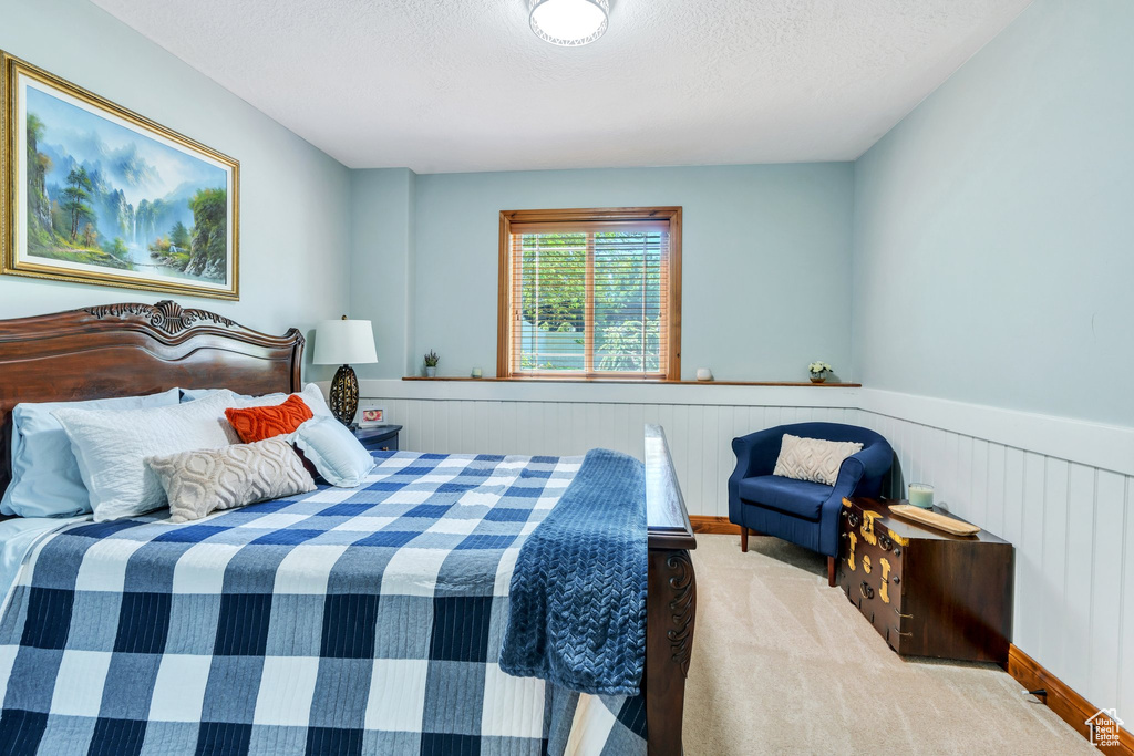 Bedroom featuring carpet, a wainscoted wall, and a textured ceiling