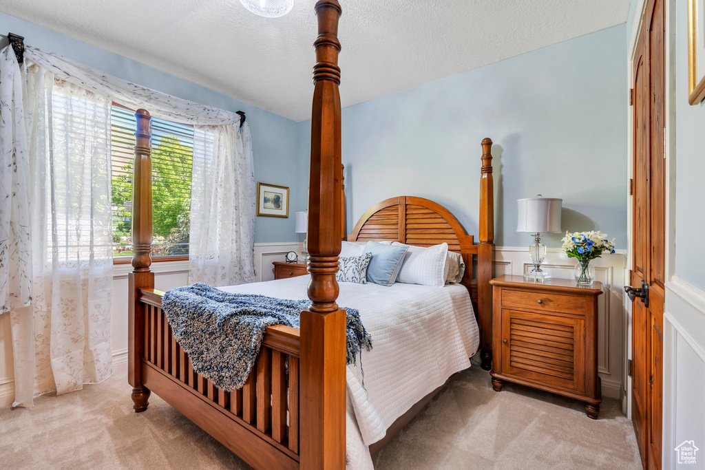 Bedroom with light carpet and wainscoting