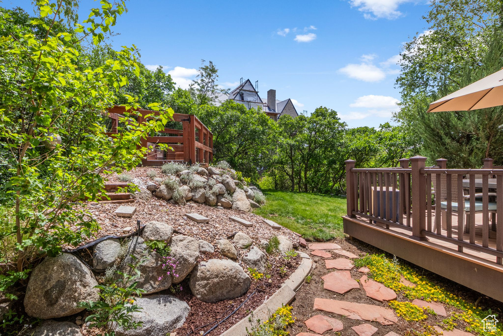 View of yard featuring a deck