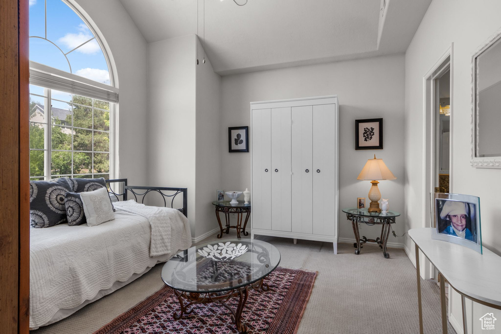 Bedroom with carpet floors, a closet, and baseboards