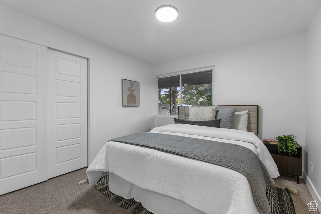 Bedroom with carpet floors and a closet
