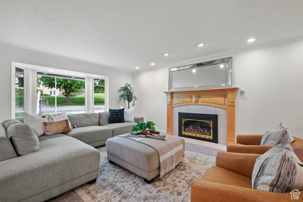 Living area with ornamental molding, a fireplace, recessed lighting, and a textured ceiling
