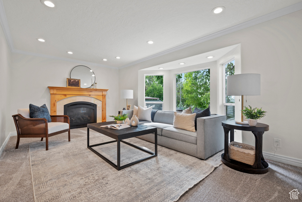 Living area with baseboards, carpet flooring, a glass covered fireplace, recessed lighting, and ornamental molding