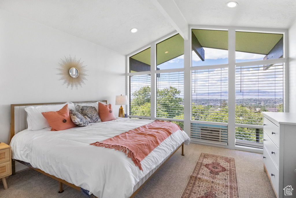 Carpeted bedroom featuring floor to ceiling windows
