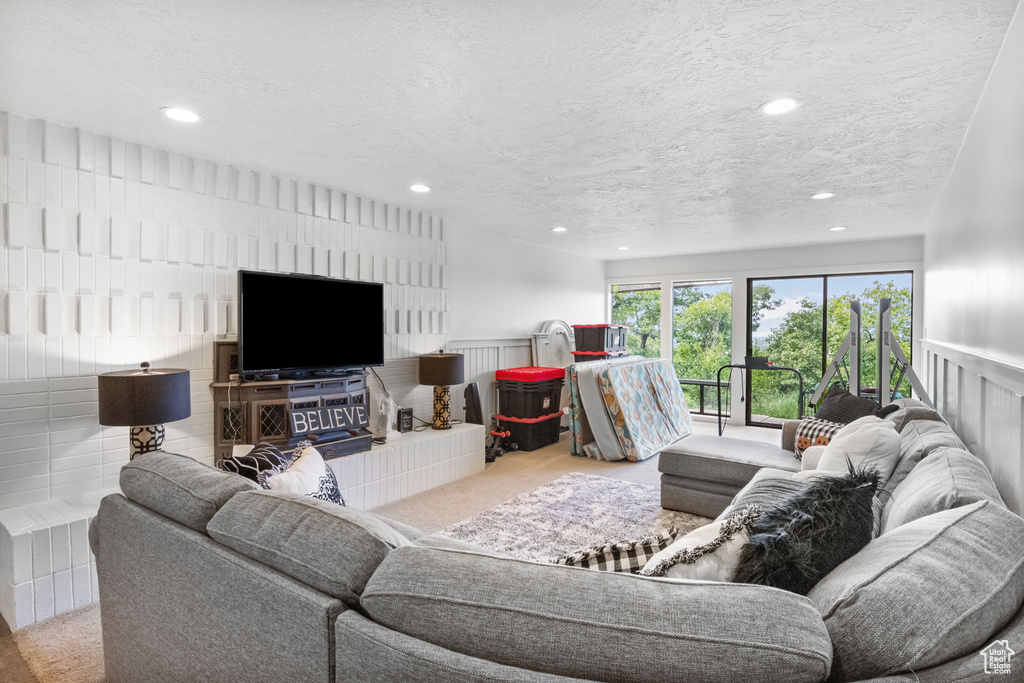 Carpeted living area with recessed lighting, a textured ceiling, and a wainscoted wall